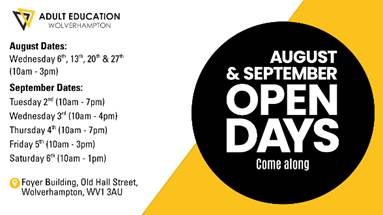 Adult Education Wolverhampton – August & September Open Days